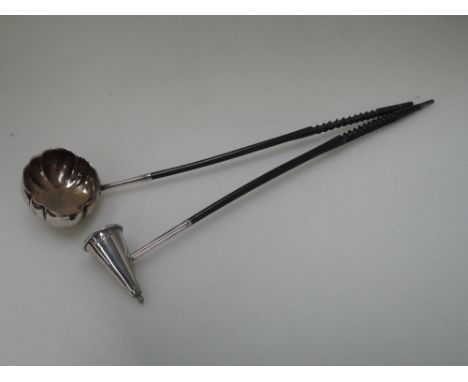 A silver candle snuffer having twist handle, Birmingham 1970, Hampton Utilities, and a Georgian style silver plated toddy lad
