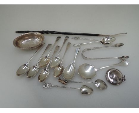 A selection of HM silver and white metal flatware including set of six teaspoons, Georgian ladle (AF), souvenir spoons, jam s