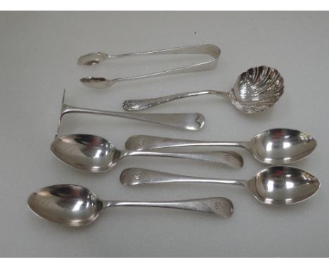 Four silver teaspoons and a pair of sugar nips of plain form monogrammed C to terminals, Sheffield 1915, James Deakin & Sons 