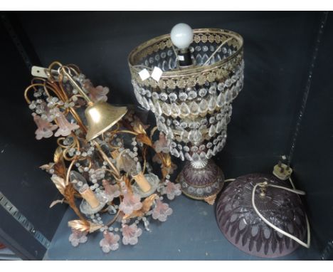 A late 20th century brassed ceiling light having naturalistic frame and glass floral drops, and a similar glass drop table la