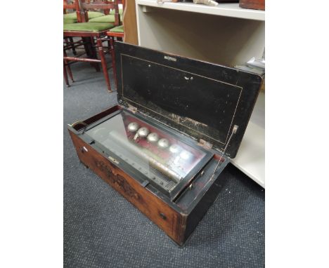 A 19th century Swiss music box having foliate inlay decoration to case with brass single cylinder comb movement and six bells