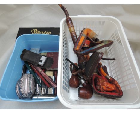 A selection of miscellaneous smoking accessories including meersham pipe modelled as Victorian lady with HM silver mount