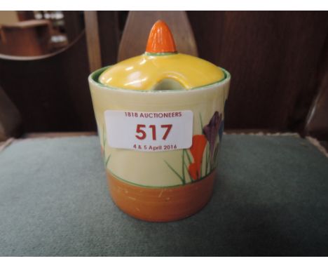 A Wilkinson Bizarre Clarice Cliff preserve pot in the Crocus pattern