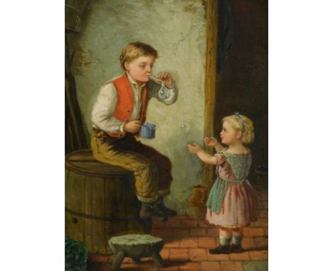 E J (19thC).  Children playing, oil on board, initialled, 24.5cm x 19.5cm