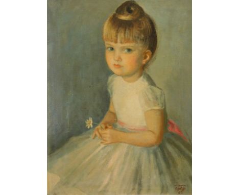 William Apap (1918-1970).  Portrait of a young girl holding a flower, oil on canvas, signed and dated (19)60, 60cm x 46cm