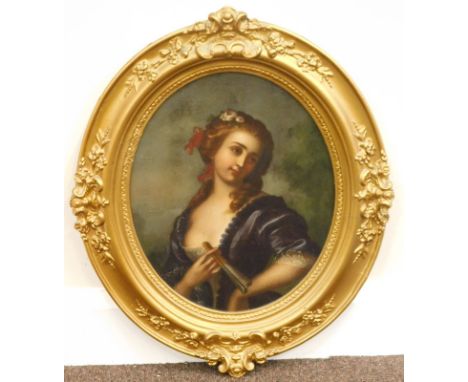 19thC.  Half length portrait of a maiden, oval gilt frame, 37cm x 29.5cm