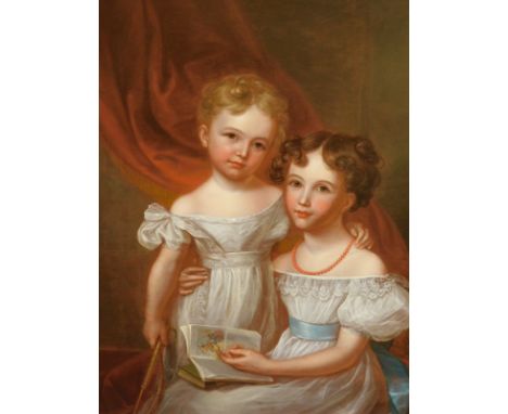 19thC British School.  Siblings, portrait, oil on canvas, 89cm x 69cm