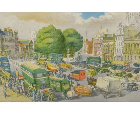 After Phyllis Ginger.  Town centre, coloured print, purchase receipt Swans Antiques & Interiors, 49cm x 76cm