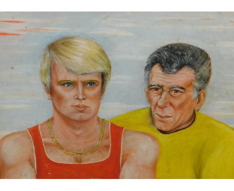 20thC British School.  Reggie Kray - portrait with a young man, oil on board, 50cm x 75cm