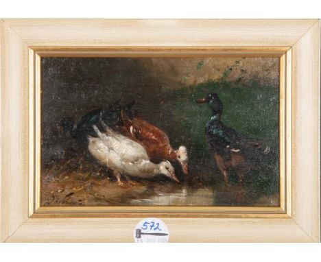 R. H. Schuster (Maler des 19./20. Jhs.). Federvieh an Teich. Öl/Karton, li./u./sign., gerahmt, 13 x 21 cm.