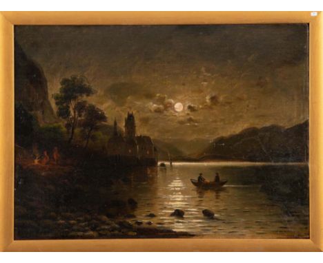 R. Heinen (Maler des 19. Jh.) Seelandschaft mit Personenstaffage bei Vollmond. Öl/Lw.,re./u. sign. , gerahmt, 46,5 x 63 cm. *