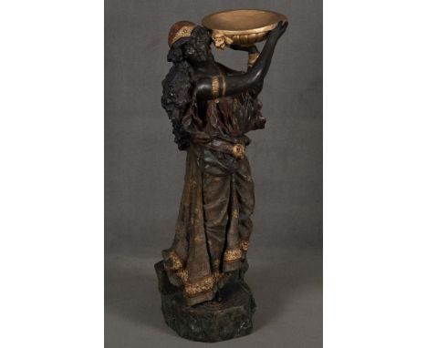 Dienerin mit Schale. Wohl Wien, Goldscheider 20. Jh. Keramik, bunt bemalt und gold gehöht, verso sign., H=85 cm. (best.) **