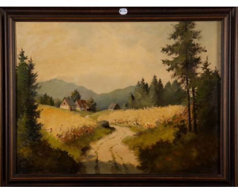 K. Schmidt (Maler des 20. Jhs.). Waldlandschaft mit Häusern. Öl/Malkarton, li./u./sign., gerahmt, 60,5 x 80,5 cm. **