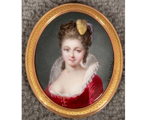 Nicolas André Courtois (1734-1806). Ovale Miniatur mit einem Damenporträt.  Kupferkern, bunt bemalt, emailliert, re./sign., g