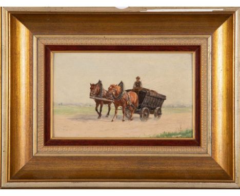 Hermann Reisz (1865-1920). Pferdegespann. Öl/Malkarton, re./u./sign., gerahmt, 12 x 19,5 cm.