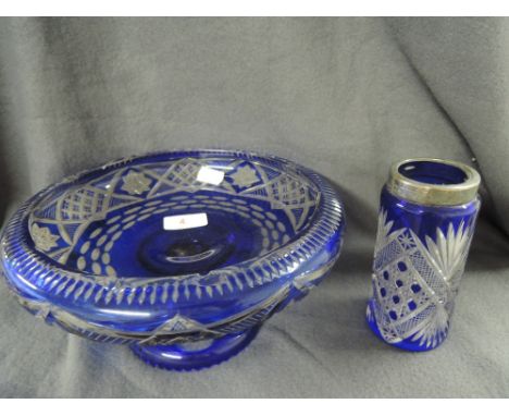 A vintage glass bowl and jar with ornate cut blue decor and HM silver top