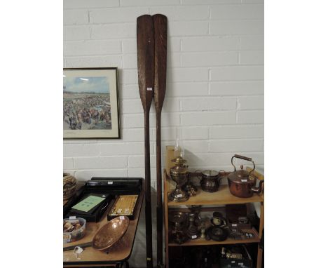 A pair of vintage boat oars or paddles possibly pitch pine ideal rustic home decor 6ft approx