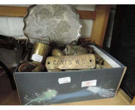 A selection of vintage house hold hardware including Brass handles hinges Gent's W.C Brass sign