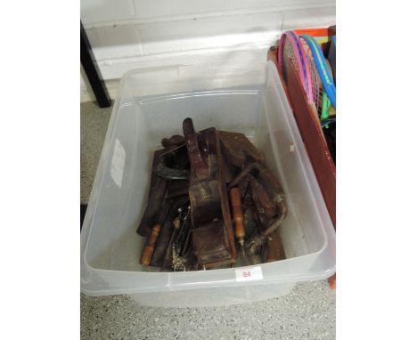 A selection of vintage workmans tools including Wooden Jack Plane, Stanley no. 78