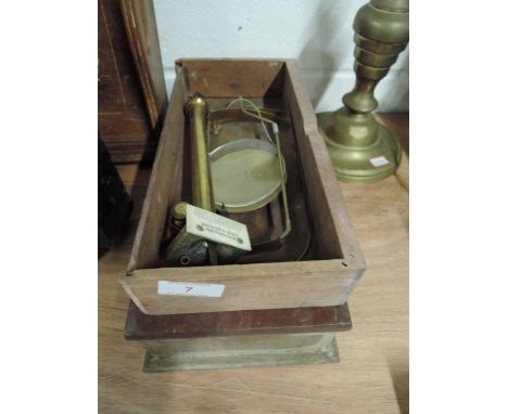 A set of vintage brass cast travel balance scales housed in treen drawer set made by Beckers sons Rotterdam