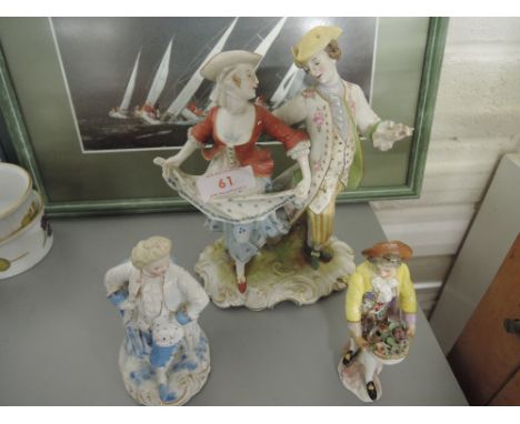 A selection of vintage ceramic figurines of a regency style one in the form of a vesta holder
