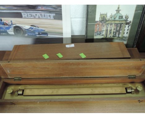 A selection of vintage brass sliding ruler and selection of similar treen cases