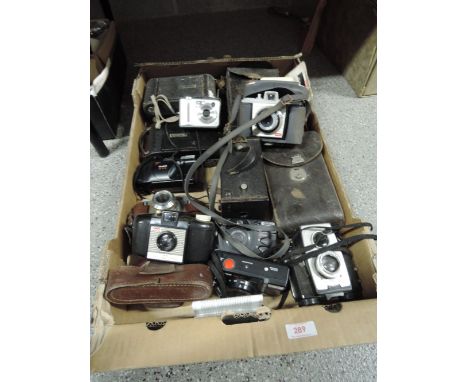 A box of various folding, box and instamatic cameras
