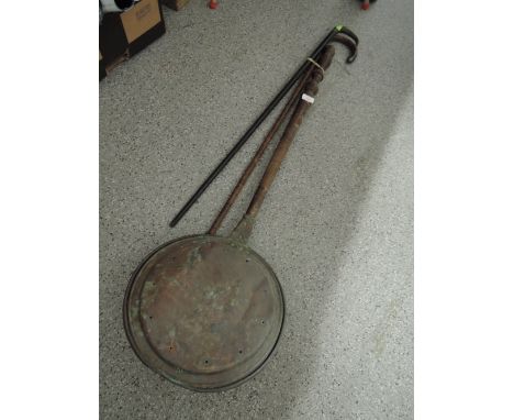 A selection of vintage items including silver topped walking stick and copper bad warmer