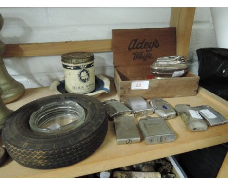 A selection of vintage smoking tobacco items including Ronson lighter Goodyear ashtray etc