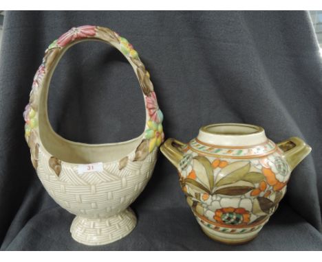 Two vintage ceramics one by Clarice Cliff My Garden large flower basket and Crown Ducal by Charlotte Rhead Bursley ware style