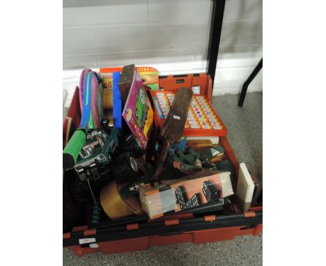 A selection of vintage and new childrens toys and games includes vintage miniature cricket bat