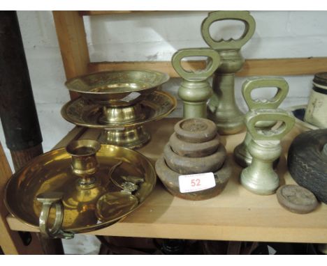 A selection of vintage copper and brass items including heavy weight set and cast ethnic style bowl set
