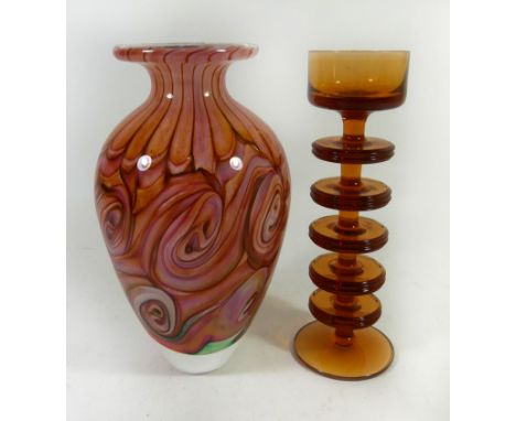 Ronald Stennett-Willson for Wedgwood
Five ring glass candlestick, finished in an amber colourway, height 22cm, together with 