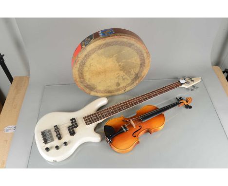 Bass Guitar / Violin / Hand Drum,  unbranded white electric Bass Guitar with soft gig bag, Hand Drum 45cm with cross-member h