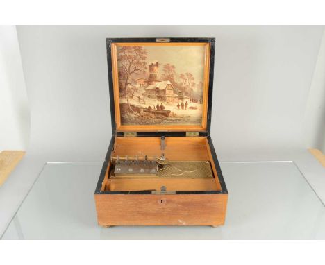 Polyphon Music Box, Polyphon Mechanical Music Box with handle in solid wood case with lovely winter scene inside lid, has Kal