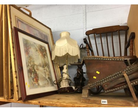 A shelf of assorted to include lamps, mirror, musical inlaid table etc.