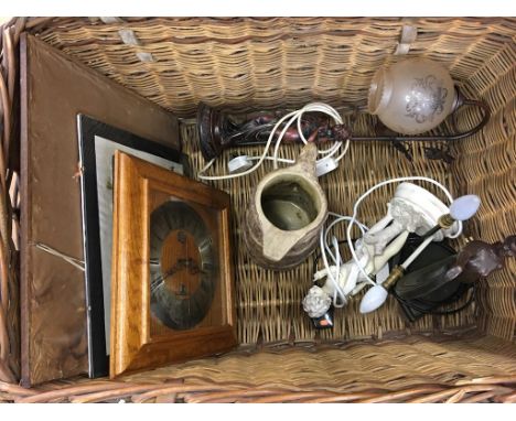 A wicker hamper and contents and prints etc.