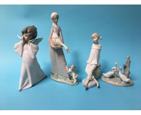 Three Lladro figures and a Nao duck group