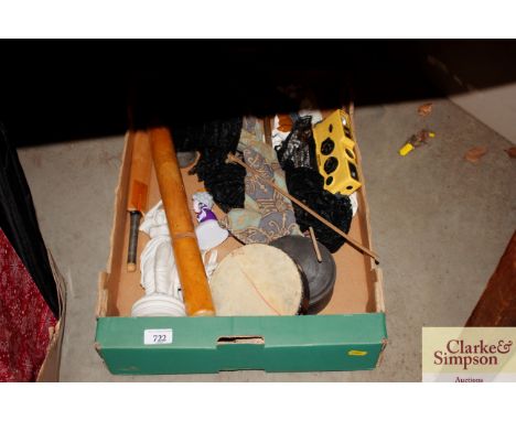 A box containing miniature cricket bat, blanc de chine type classical figure, Minolta camera etc.