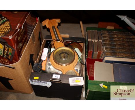 A box various sundry items to include a barometer, leather cased bottle, coffee ware etc.