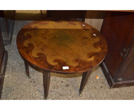 Circular mahogany framed coffee table with poker work top decorated with an aquatic scene, 75cm diameter