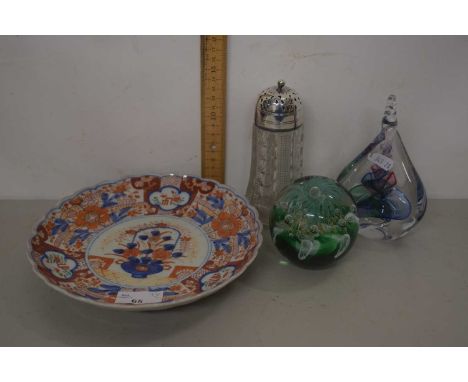 Mixed Lot: Late 19th Century Japanese Imari dish, a glass sugar sifter, and two Art Glass paperweights