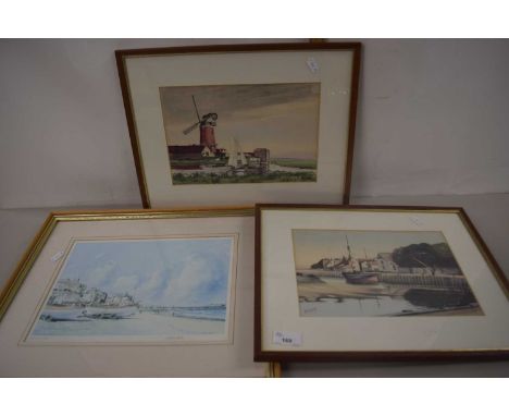 Mixed Lot: G R Sayers, study of a quayside scene, Marton Sexton, coloured print of Cromer Beach and a further study of Cley M