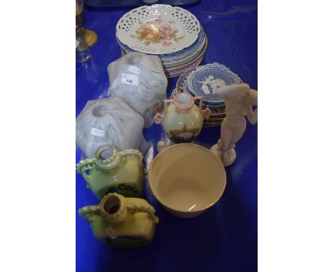 Mixed Lot: Pair of marbled glass light shades, various decorated plates, vases, composition figurine etc