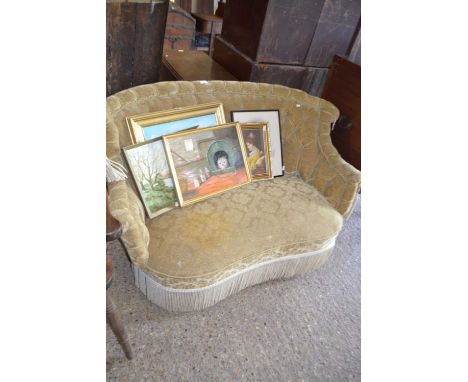 A small early 20th Century velvet upholstered and button back sofa, 130cm wide