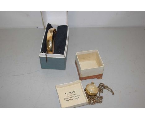 Rolled gold bangle together with a small bulleyes pendant watch the face marked Turler
