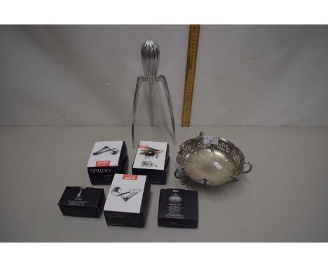 Mixed Lot: Small boxed kitchen utensils by Alessi, retro lemon squeezer and a silver plated table basket