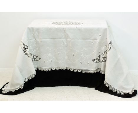 A vintage Cypriot rectangular tablecloth, hand embroidered, cut-work and crochet-work on linen, 250x160cm, early to mid 20th 