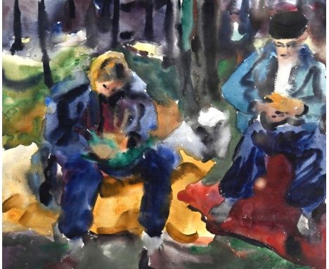 UNBEKANNT  "Zwei sitzende Männer", Aquarell, unten rechts unleserlich signiert und datiert 7.10.(19)47, 33x39cm, PP, R