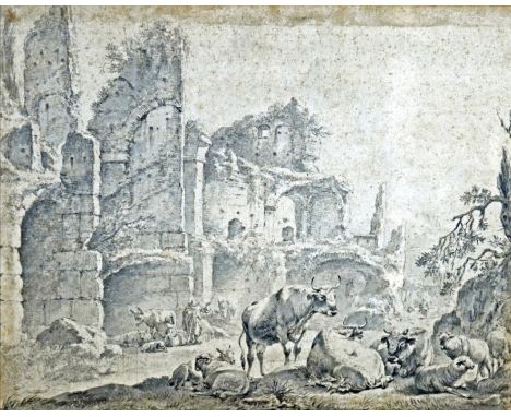 ROOS  Johann Heinrich (1631 Otterberg - 1685 Frankfurt am Main) "Kühe und Schafe vor antiken Ruinen, in deren Nähe sich einig